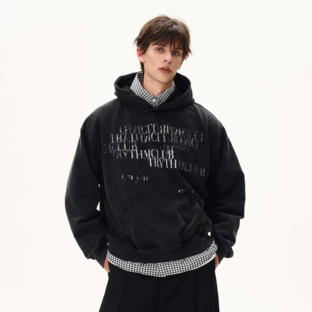 S0452 American Retro Gradient Slogan Letter Print Distressed Hooded Sweatshirt