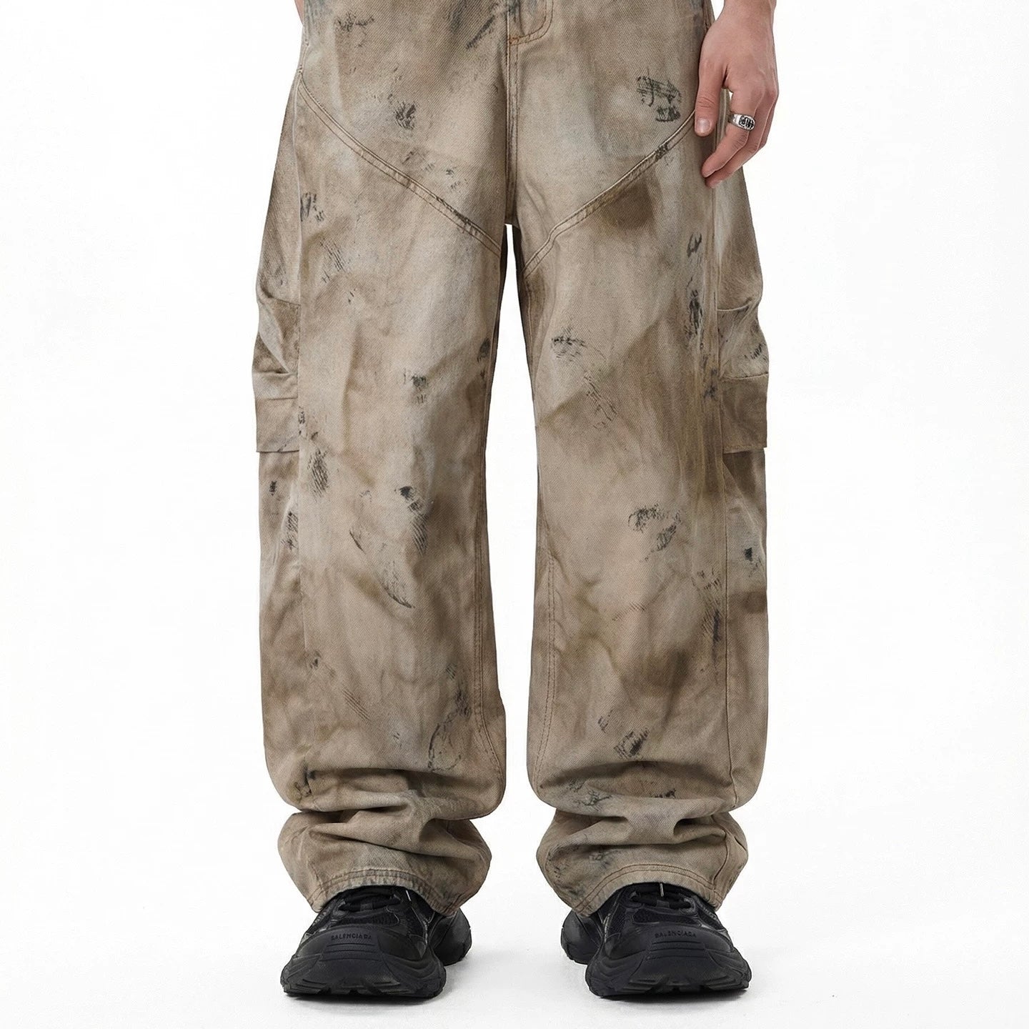 P0226 American High Street Trendy Retro Curved Denim Texture oversize Wide-Leg Cargo Pants