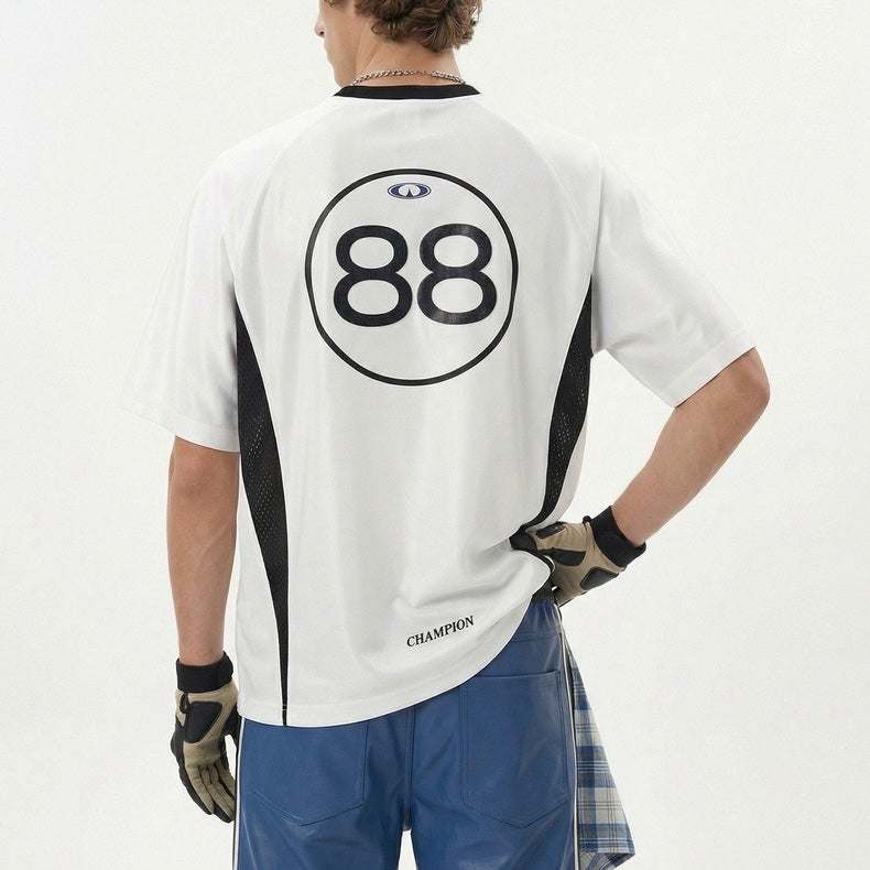 S0455 American-style color-blocked retro sports jersey T-shirt