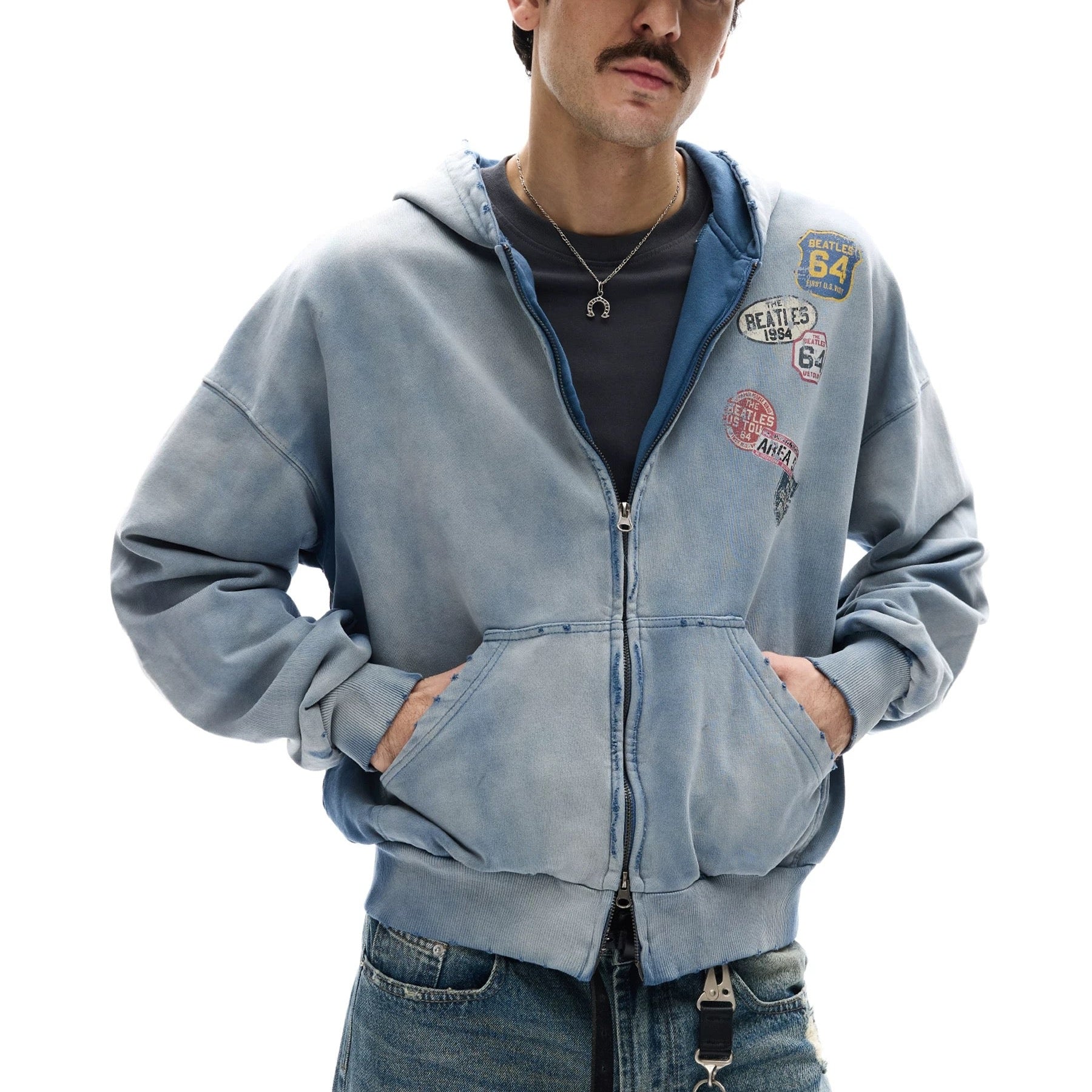 S0458 American Style Trendy Washed Distressed Print Design Short Wide Fit Men's Hooded Sweatshirt Jacket