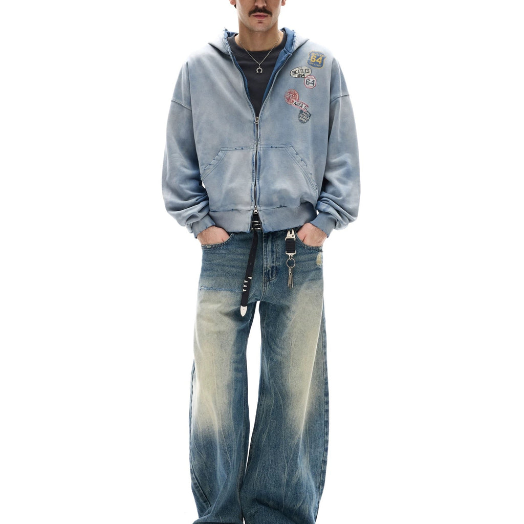 S0458 American Style Trendy Washed Distressed Print Design Short Wide Fit Men's Hooded Sweatshirt Jacket