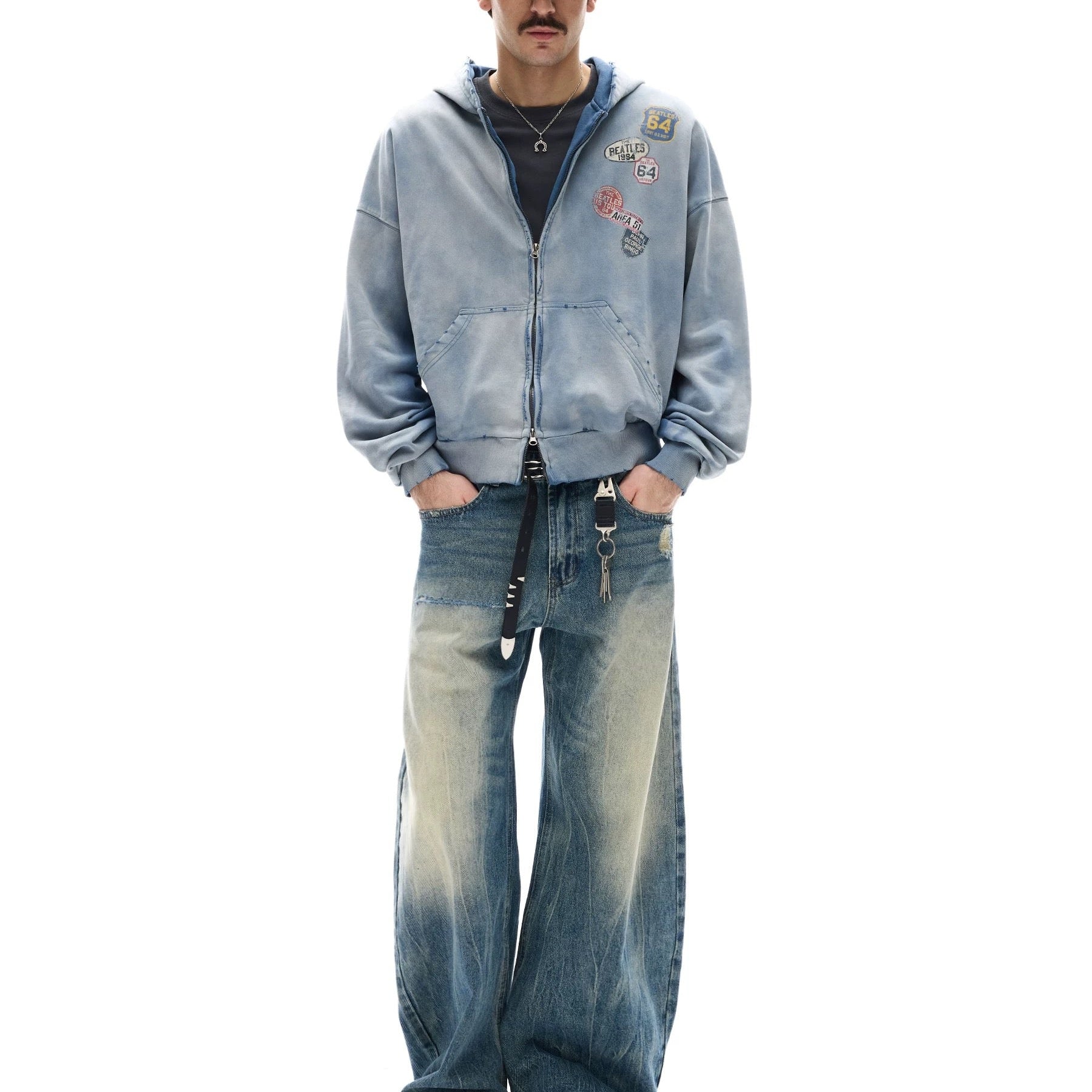 S0458 American Style Trendy Washed Distressed Print Design Short Wide Fit Men's Hooded Sweatshirt Jacket
