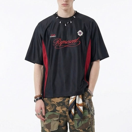 S0455 American-style color-blocked retro sports jersey T-shirt
