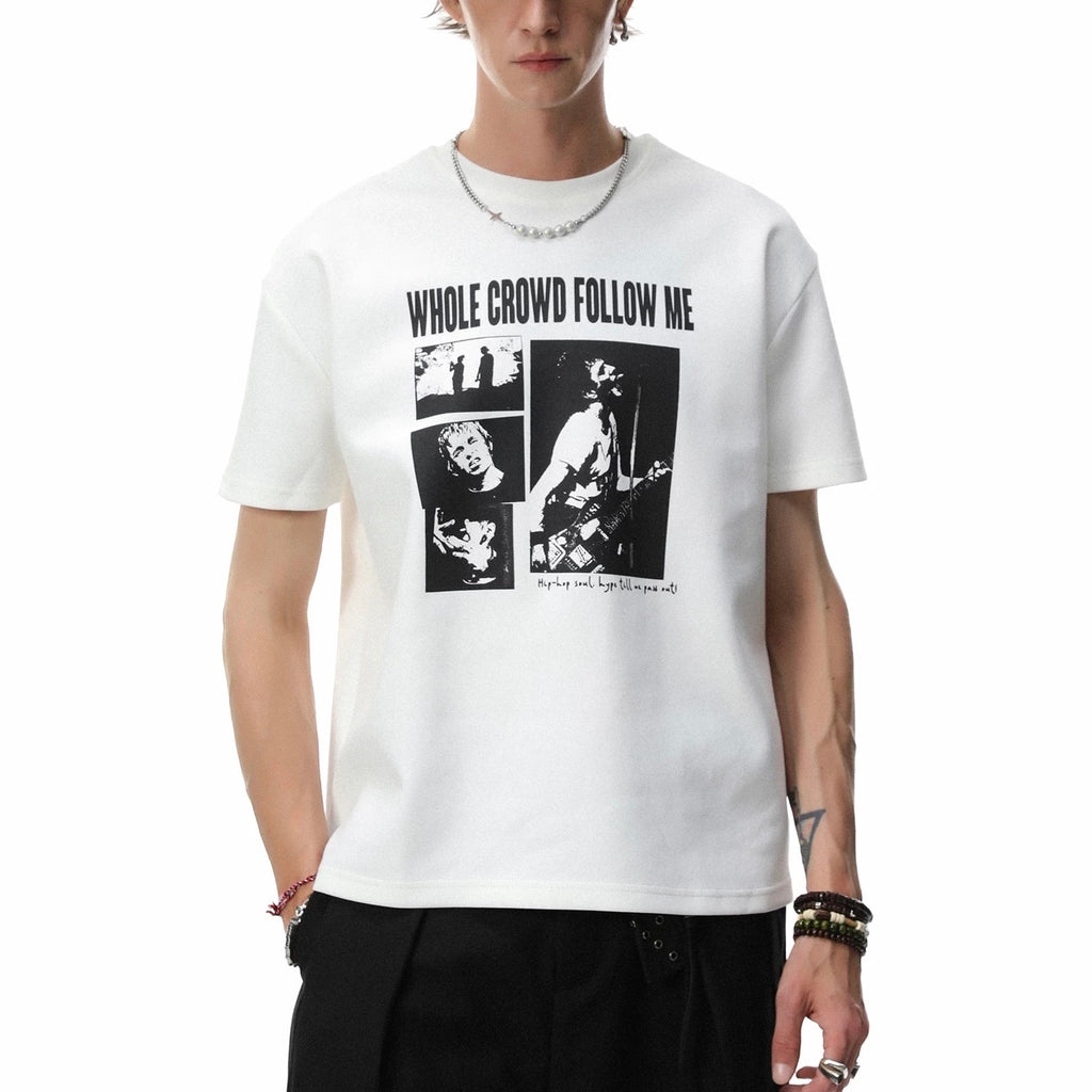 S0457 American Retro Streetwear Design ROCK Print Gray Loose Short-Sleeve T-Shirt