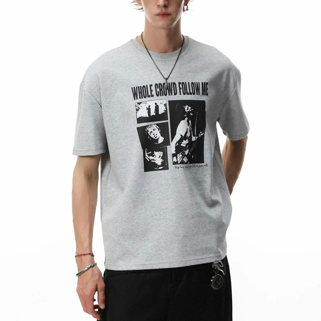 S0457 American Retro Streetwear Design ROCK Print Gray Loose Short-Sleeve T-Shirt