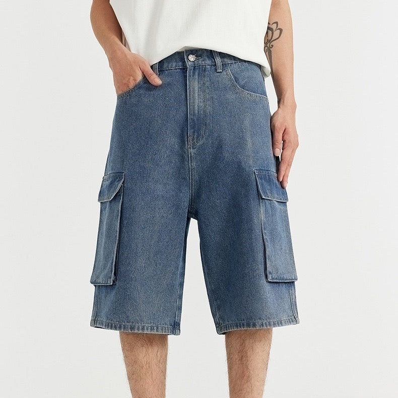 P0230American-style washed denim cargo shorts