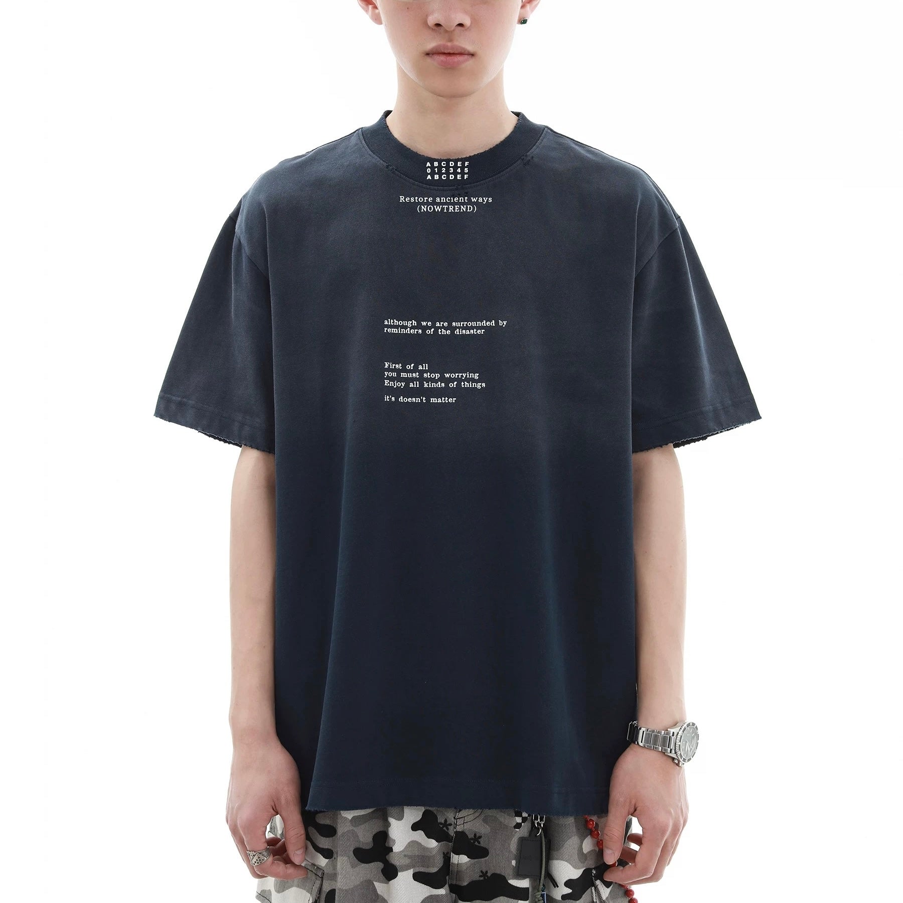 S0335 American style high-grade gradient color letter destruction short-sleeved T-shirt