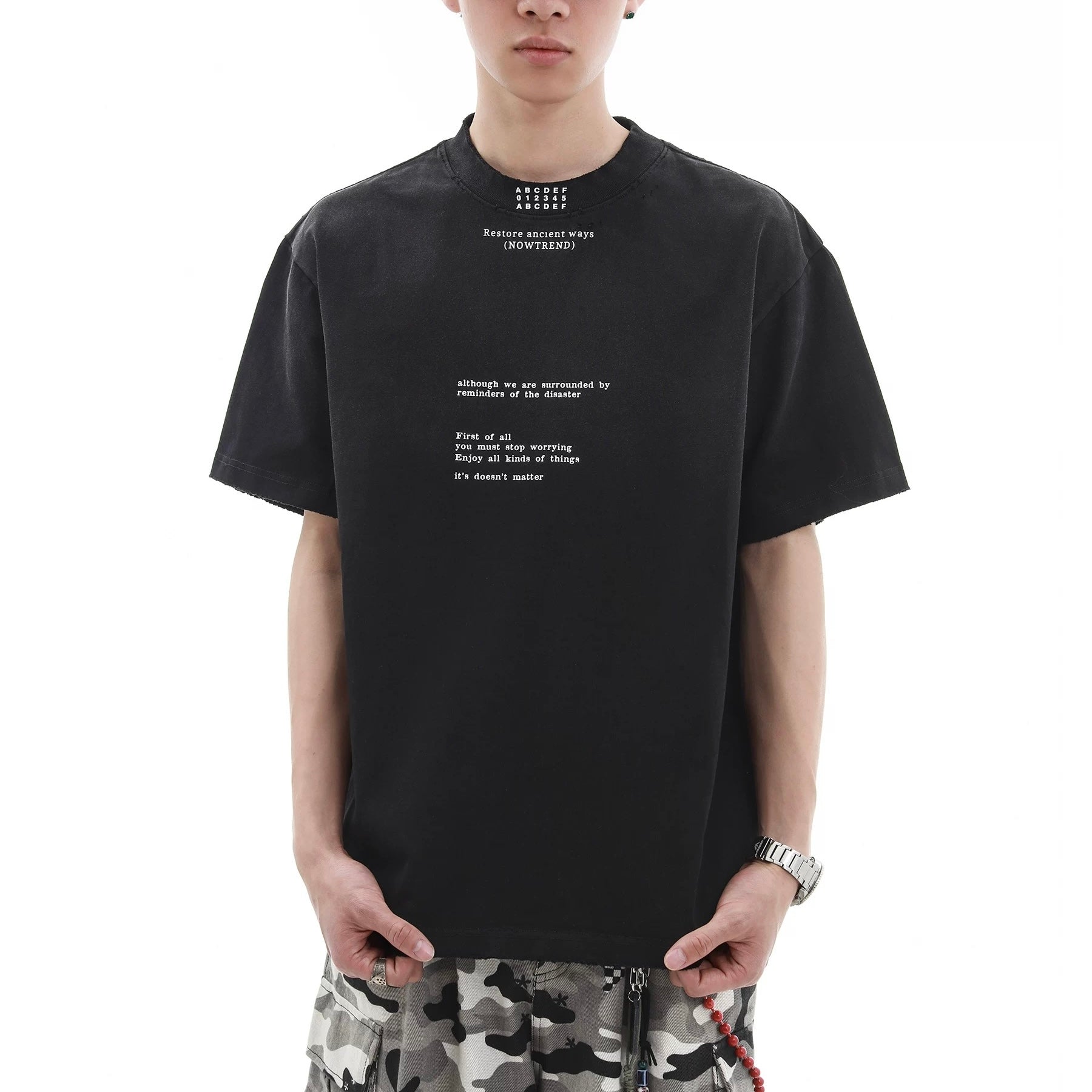S0335 American style high-grade gradient color letter destruction short-sleeved T-shirt