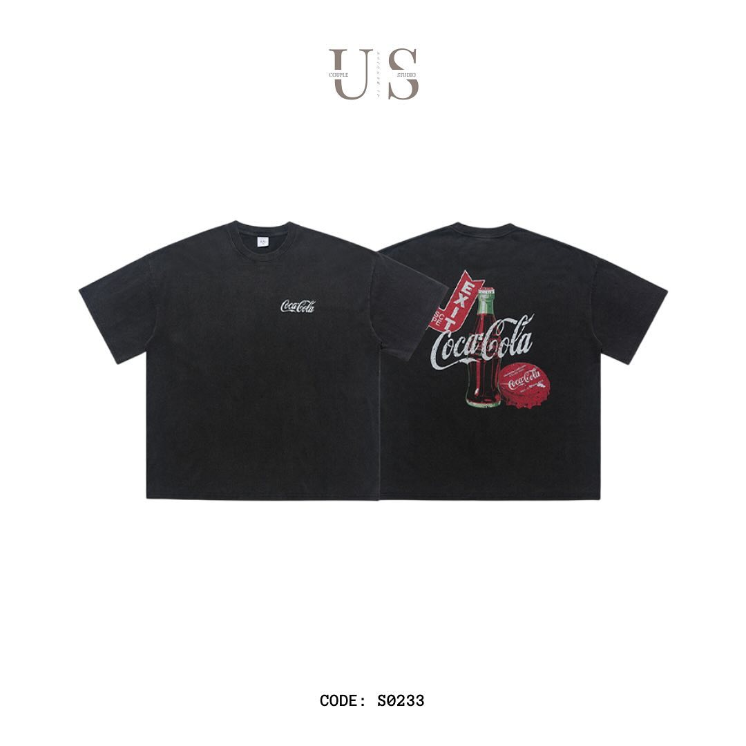 S0233 American retro Coca-Cola washed grey printed loose T-shirt