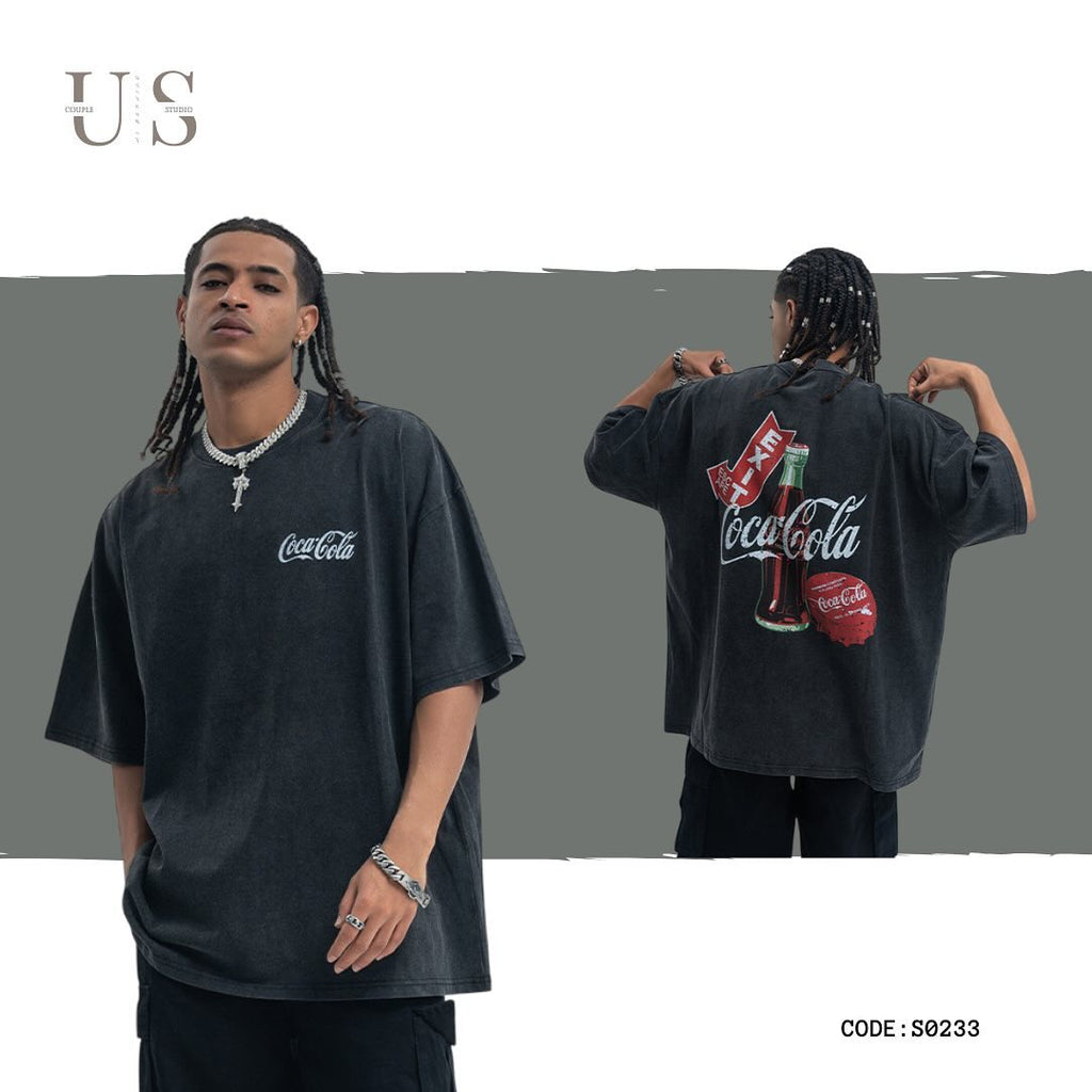 S0233 American retro Coca-Cola washed grey printed loose T-shirt