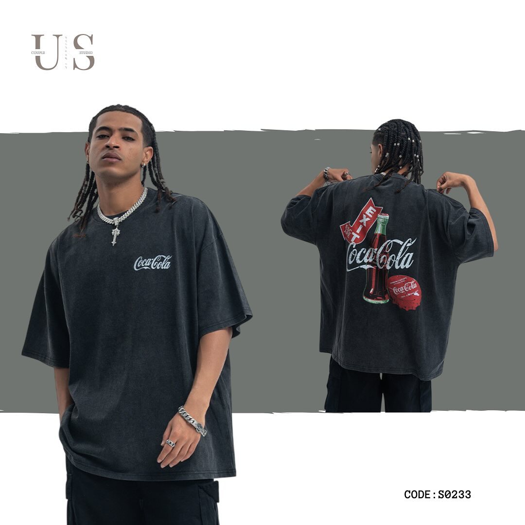 S0233 American retro Coca-Cola washed grey printed loose T-shirt