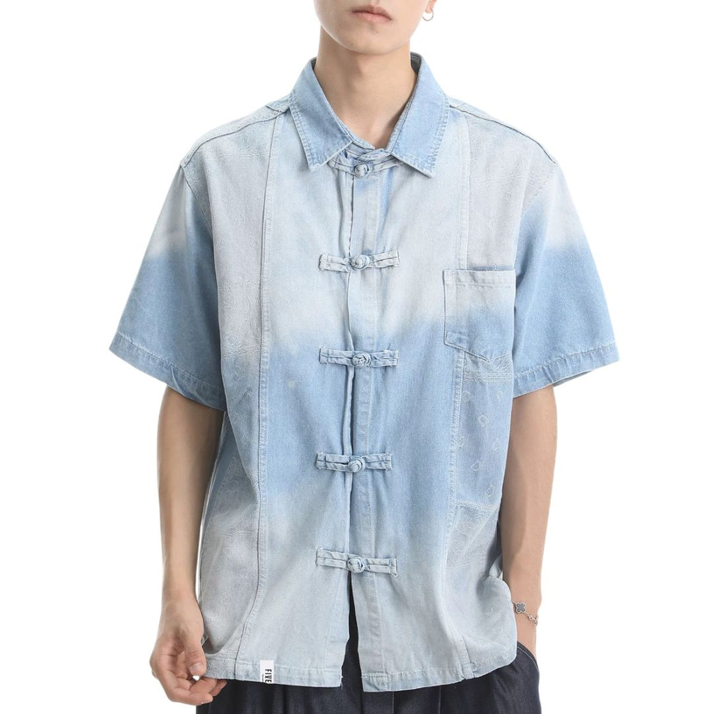 S0410 New Chinese Style Button-Up Denim Short-Sleeve Shirt