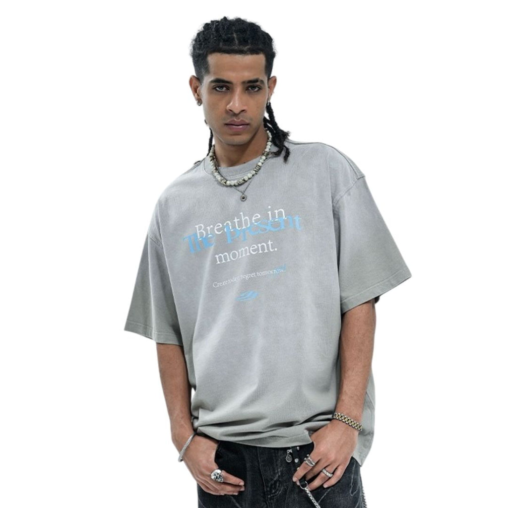 S0415 American-style distressed washed slogan print short-sleeved T-shirt