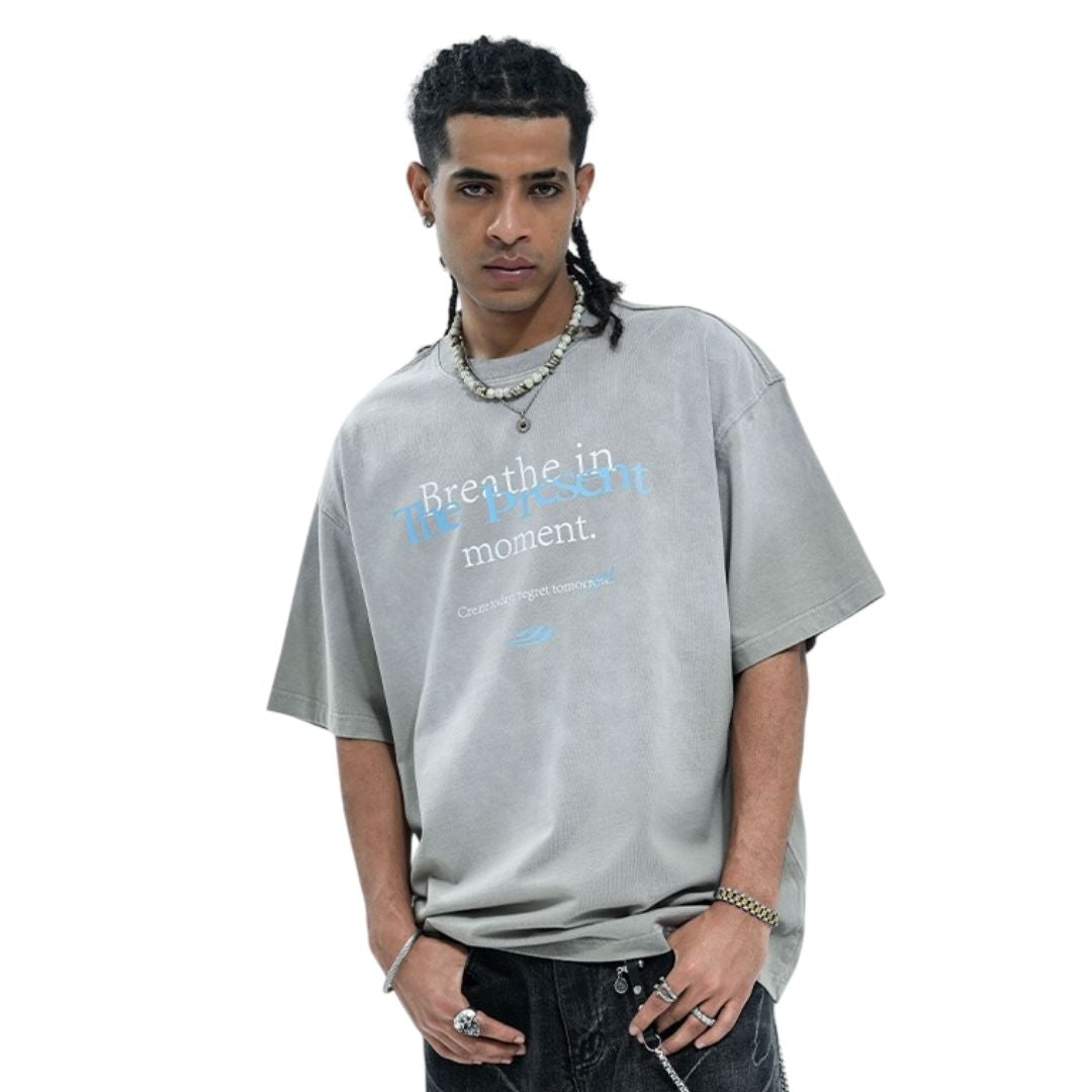 S0415 American-style distressed washed slogan print short-sleeved T-shirt