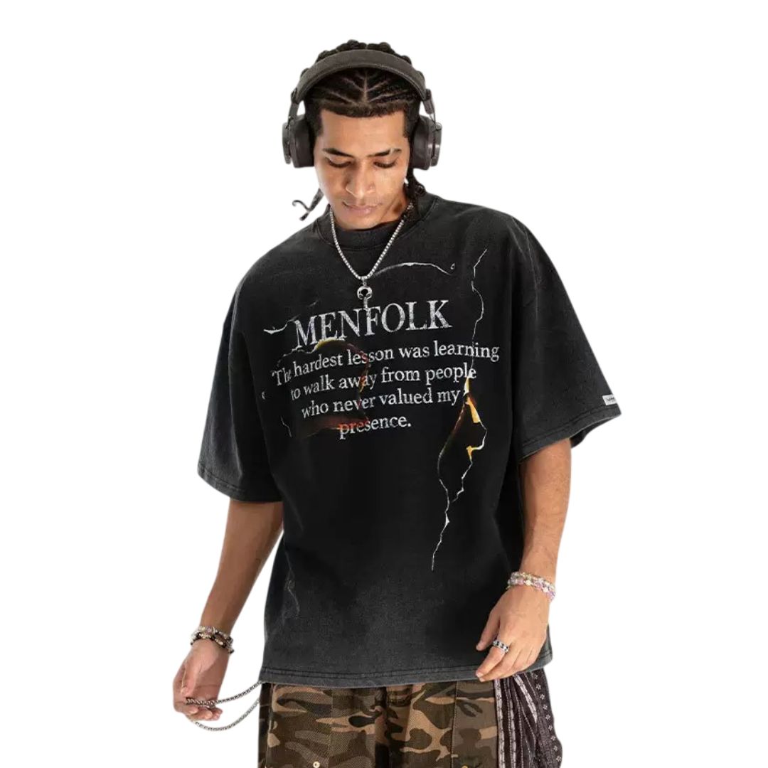 S0423 American streetwear brand flame slogan distressed print washed short-sleeved T-shirt