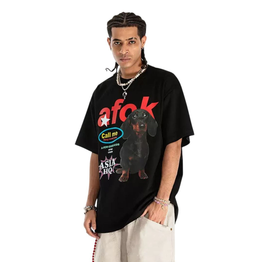 S0425 American streetwear brand, dachshund print oversize couple's T-shirt