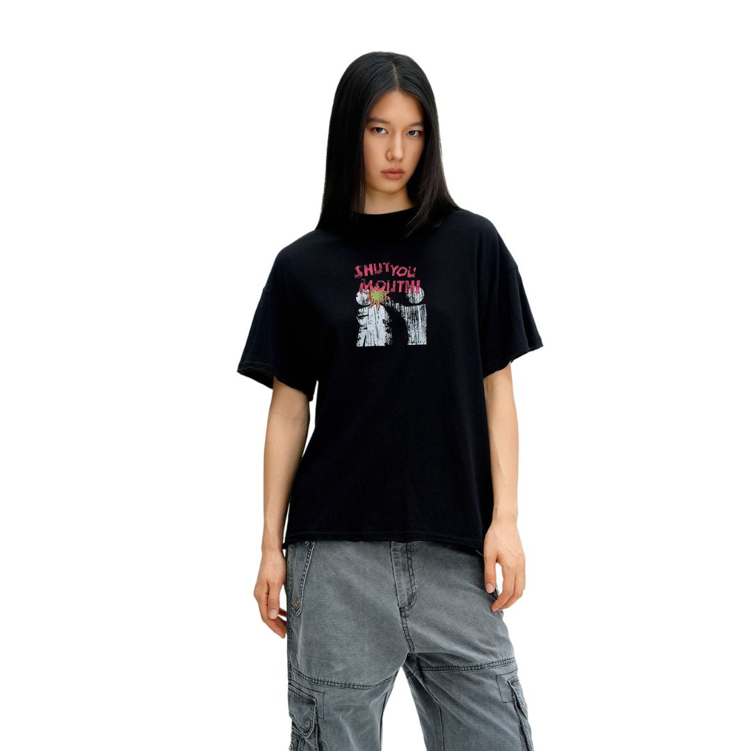 S0483 American-style vintage distressed graphic short-sleeve T-shirt