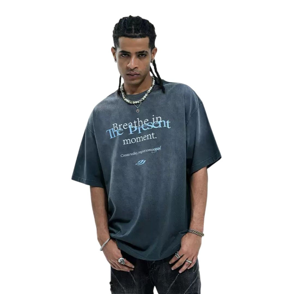 S0415 American-style distressed washed slogan print short-sleeved T-shirt