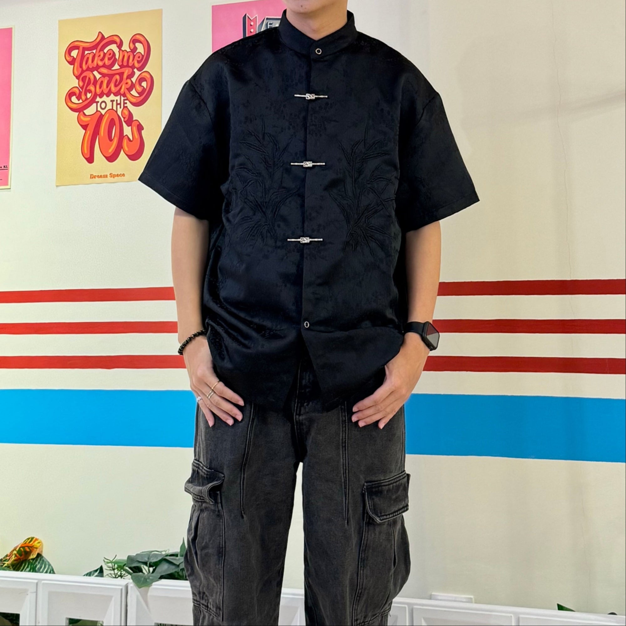 S0212 New Chinese style stand collar embroidered short sleeve shirt