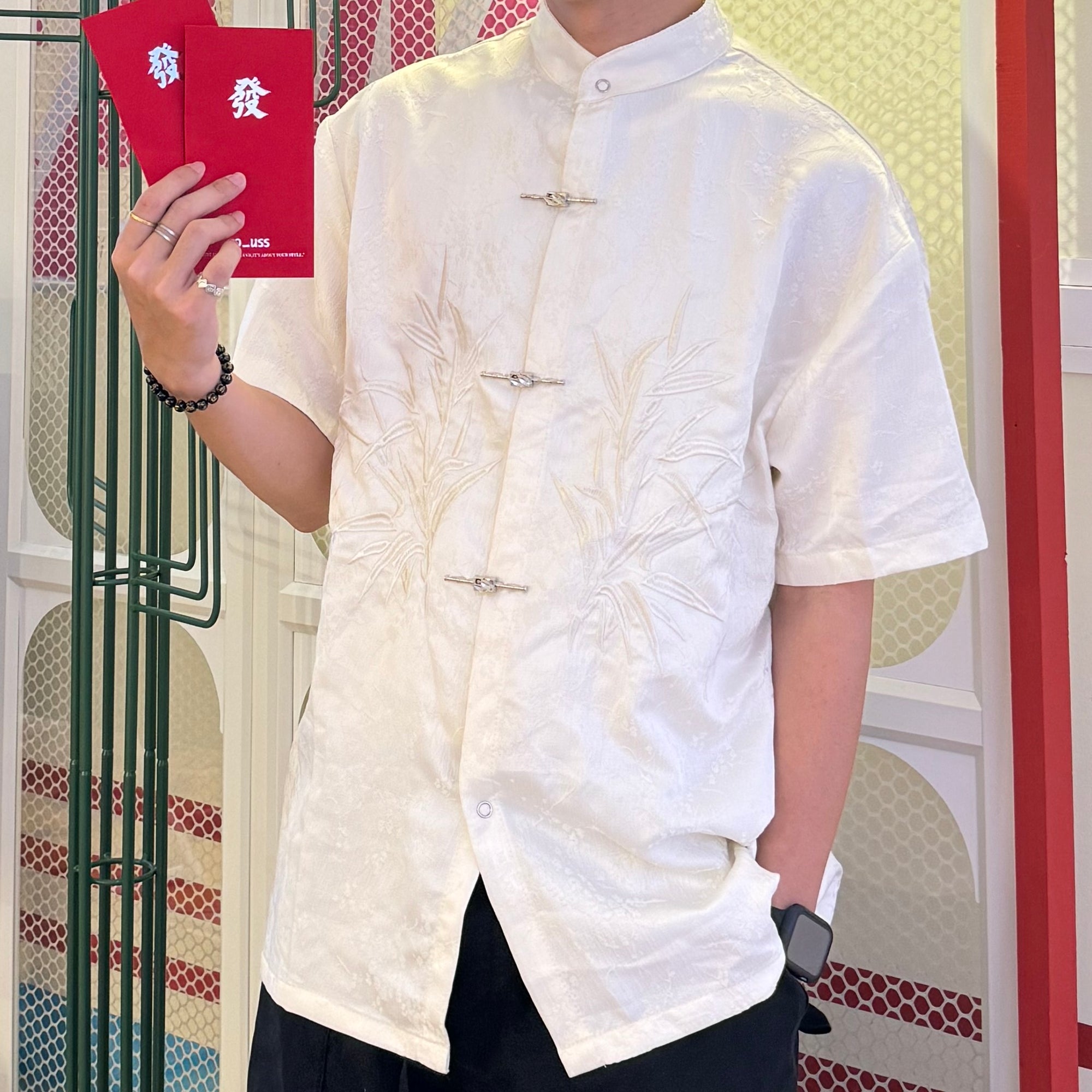S0212 New Chinese style stand collar embroidered short sleeve shirt
