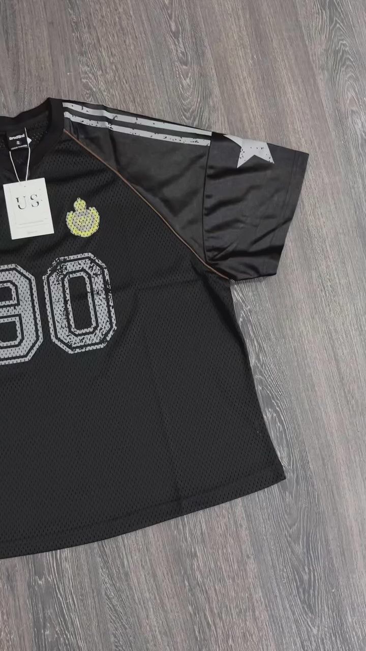 S0163 American retro mesh graffiti star print jersey style loose T-shirt